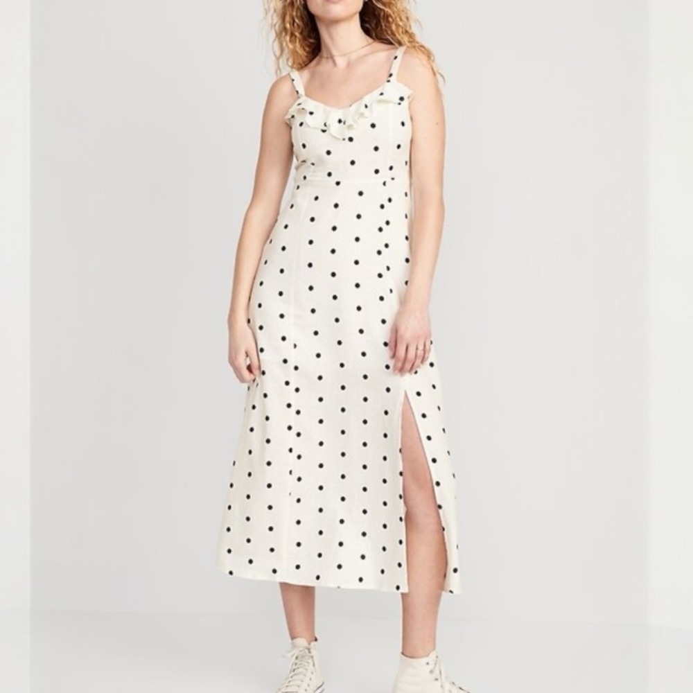 Old Navy Dress Womens Cream Black Polka Dot Linen Size Medium Midi Maxi Slit